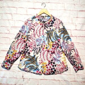 Talbots Shirt Womens Large Pink Blue Floral Ruffle Neck Long Sleeve Button Top